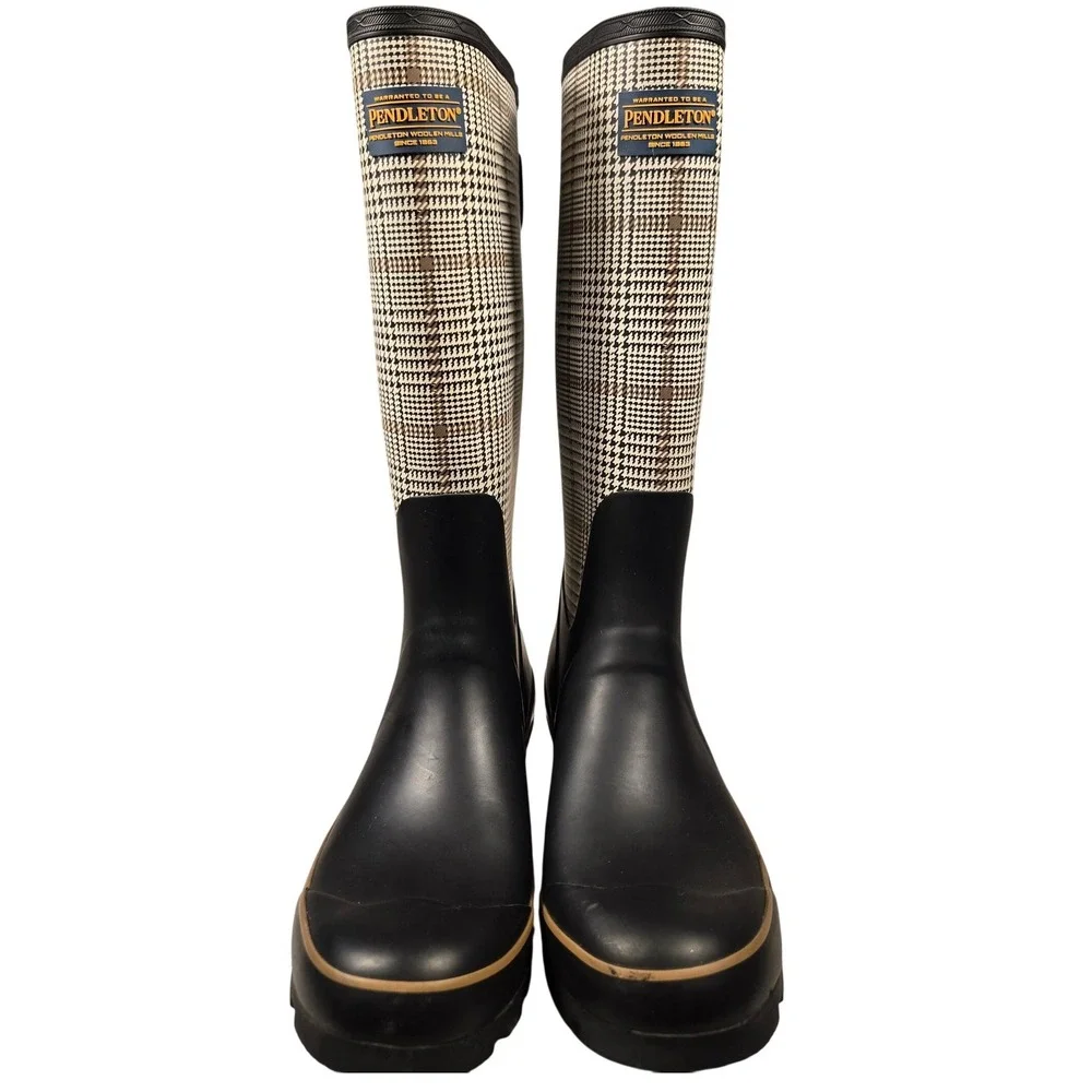 Pendleton Women Black Glen Plaid Tall Rubber Rain Boots Waterproof Lug Sole 8
